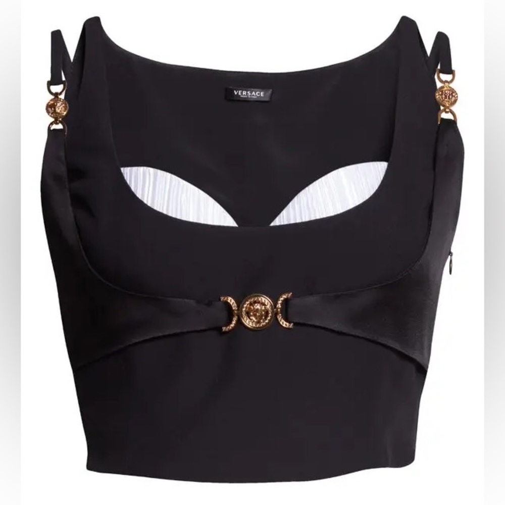 VERSACE MEDUSA CROPPED EMBELLISHED SATIN-TRIMMED CREPE TOP IN BLACK